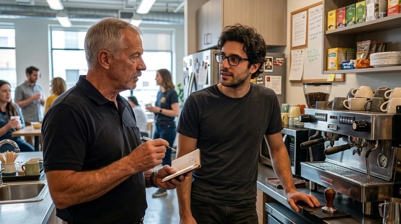 Bill taking notes in a pocket notebook while Jordan, the product owner, talks by the office espresso machine