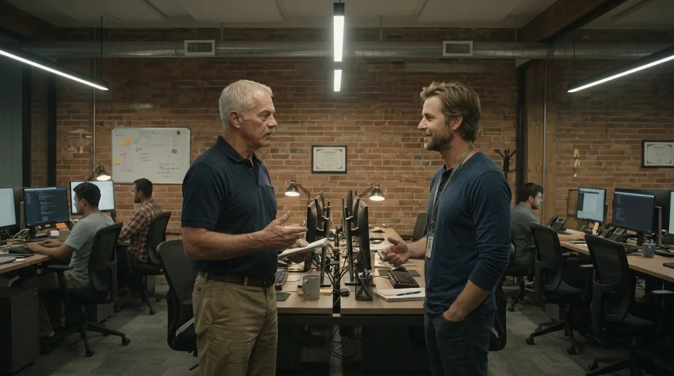 Bill talking with Kyle, the Scrum Master, after standup
