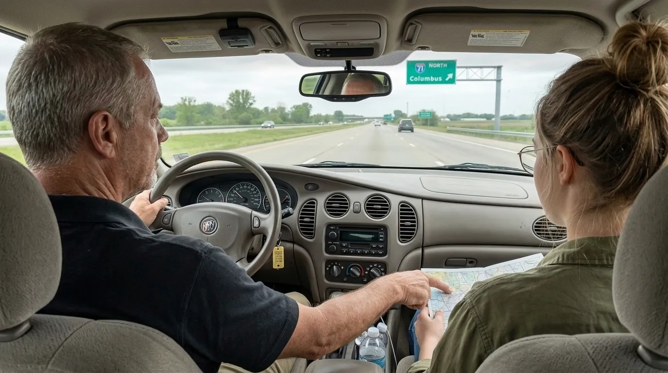 Bill driving a rented Buick from the airport with Marcus and Tessa