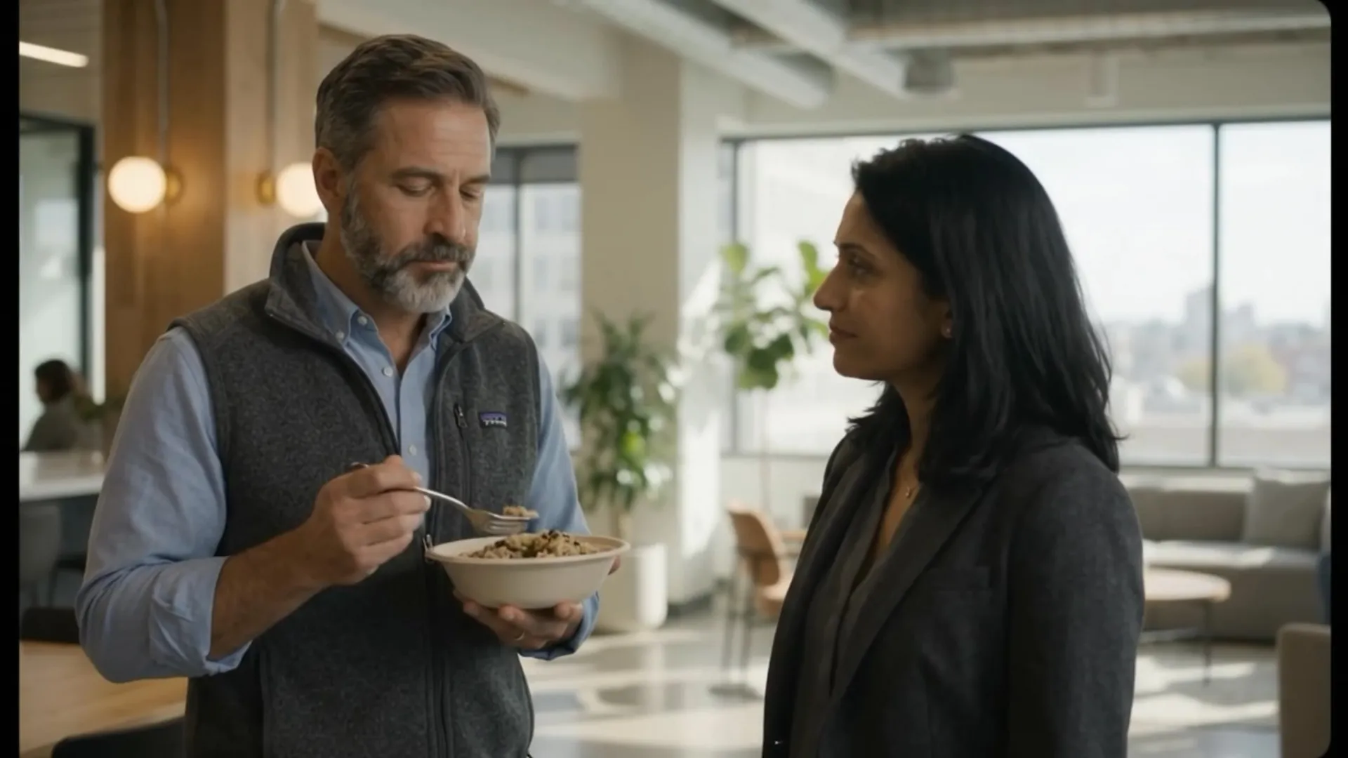 Dan Whitcomb eating a grain bowl standing up while Priya Raman makes her case
