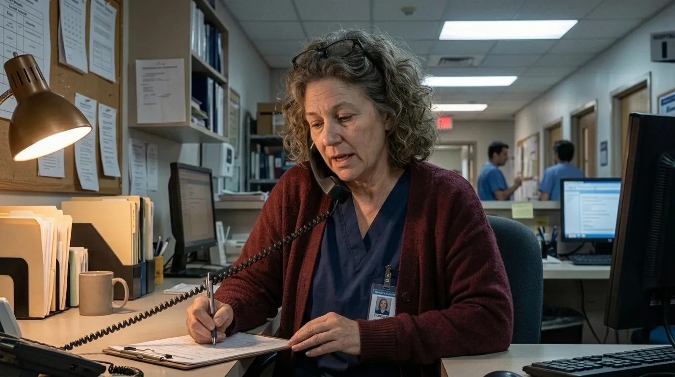 Donna Szymanski at the patient access desk, phone receiver tucked against her shoulder