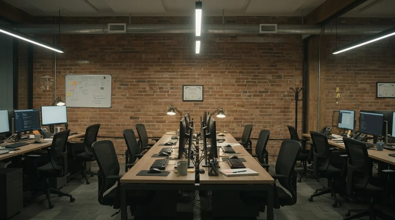 The Halyard Systems developer pod after hours: long shared desks, dual monitors and an exposed brick wall