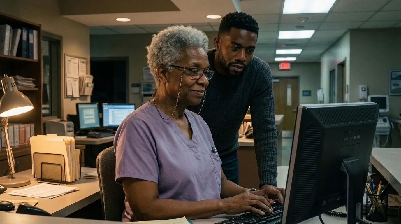 Loretta Haines tabbing through the old registration system, reading glasses on a beaded chain