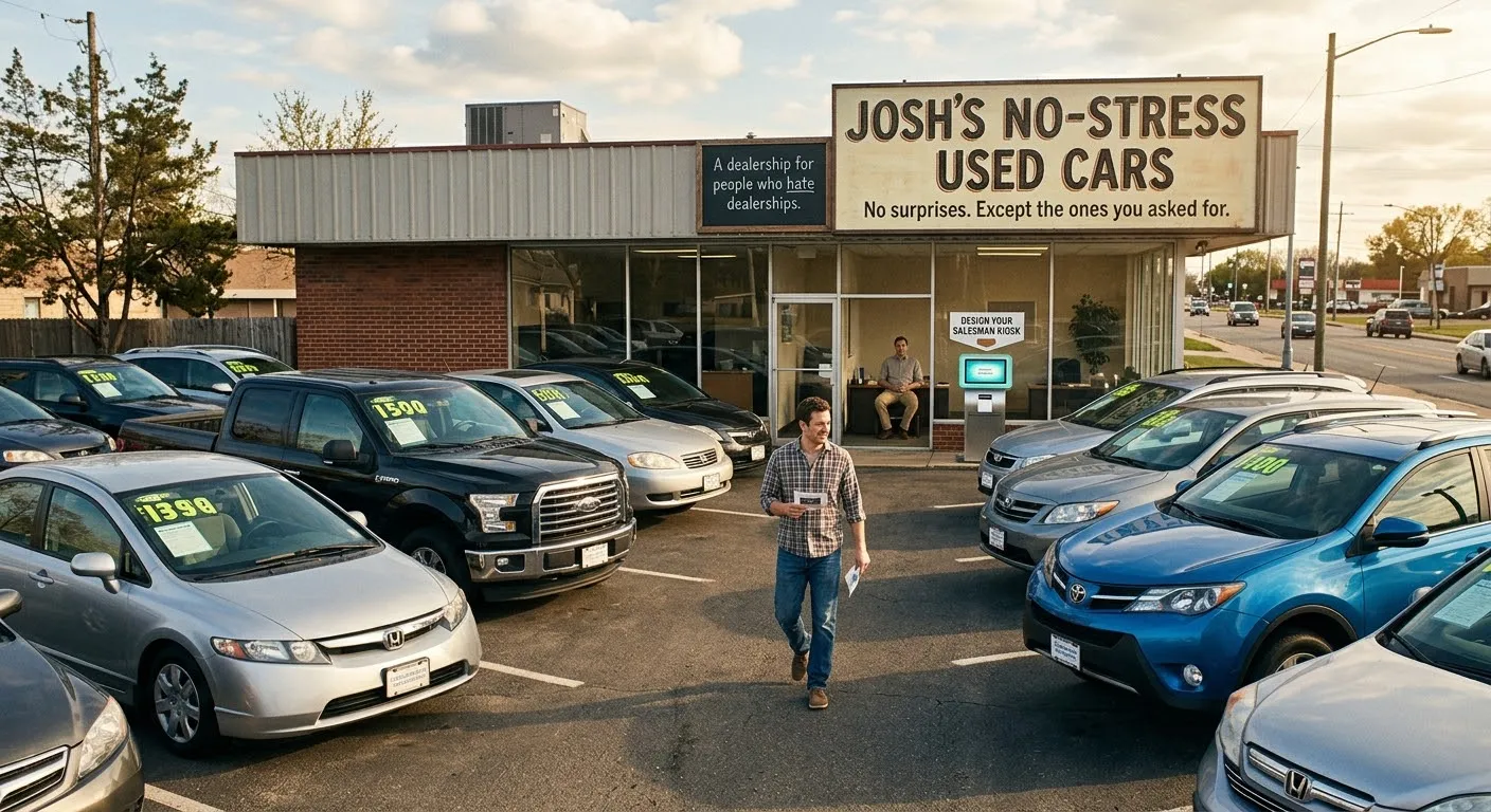 A used car lot with a sign reading Josh's No-Stress Used Cars: no surprises, except the ones you asked for