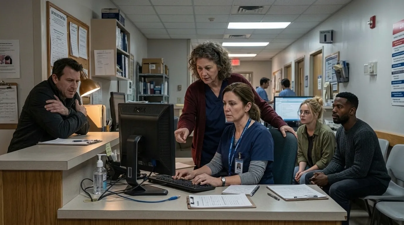 An ER registration clerk working a patient intake on an aging all-in-one terminal