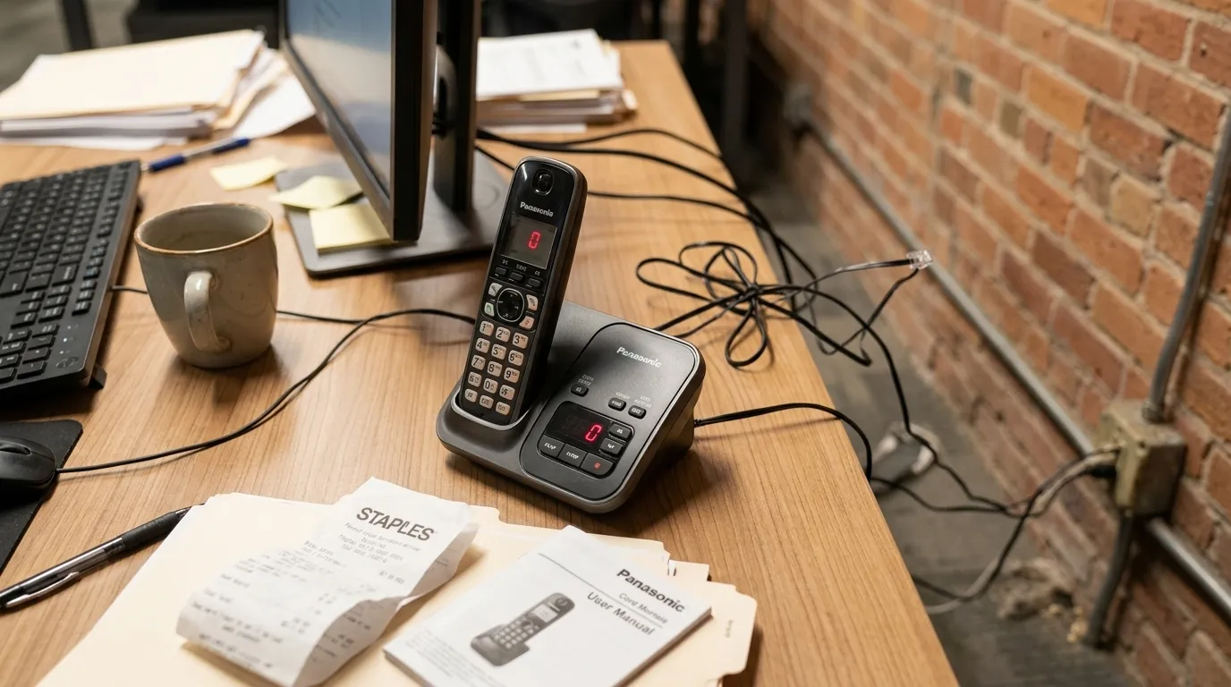 A cordless Panasonic desk phone sitting on the team’s pod