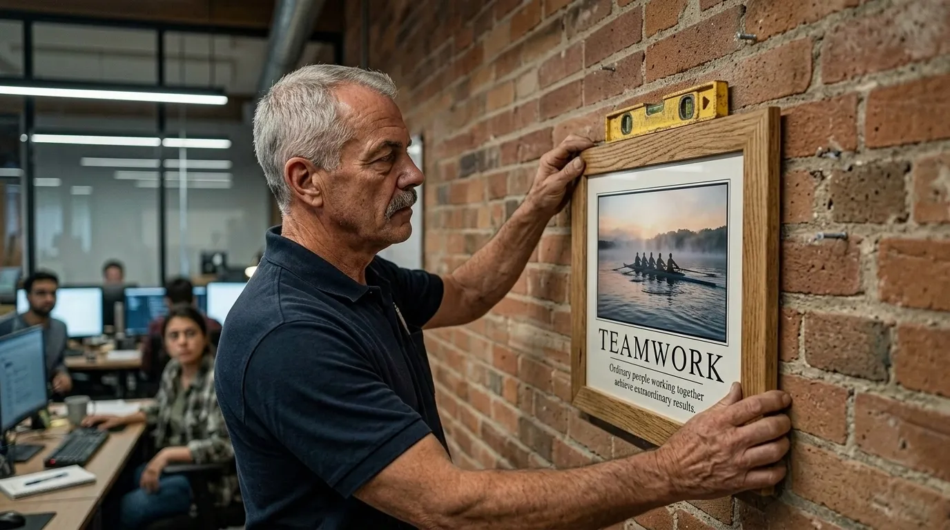 Bill leveling a framed TEAMWORK rowing poster on a brick office wall while developers watch from their desks