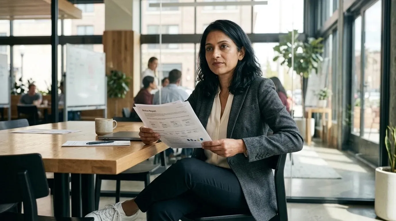 Priya Raman, COO of Halyard Systems, holding a printed status report